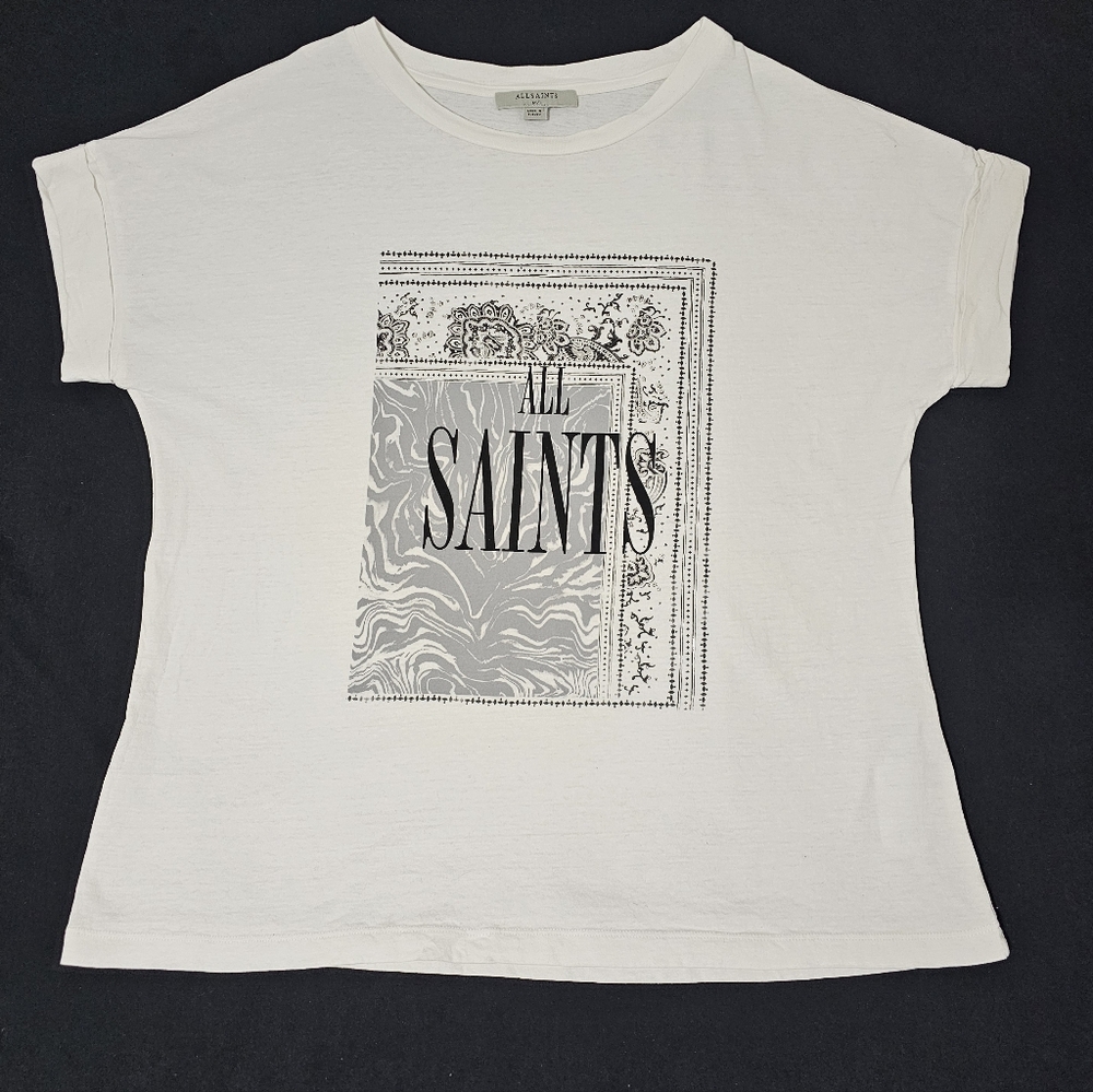 AllSaints Zebura Imogen Boy Tee White Graphic Bandana Print M/L Relaxed Fit